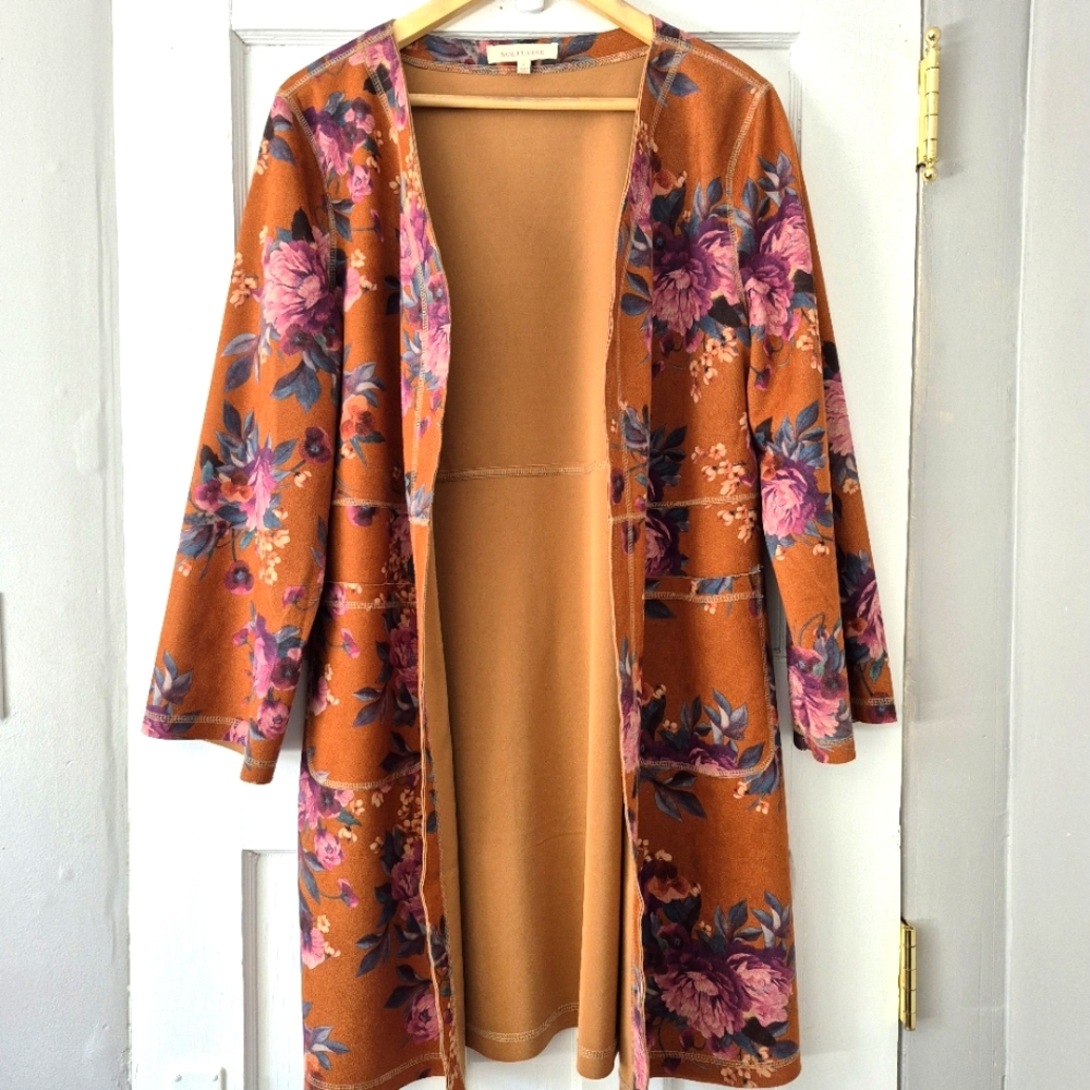 Sololitaire Hand Made Boho Floral Open Front Faux Suede Duster Cardigan Sz L